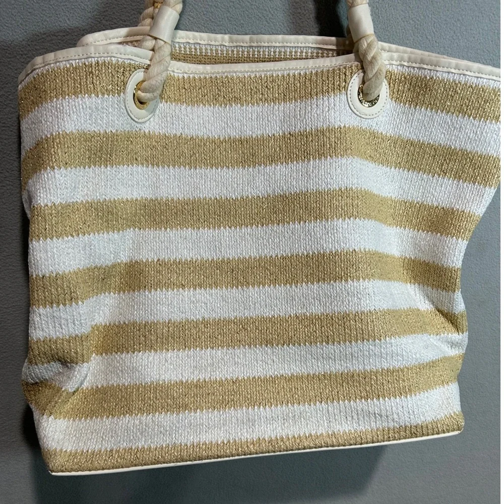 Vera Bradley Tote Bag Tan White Striped Woven Straw Rope Handle Coastal Boho